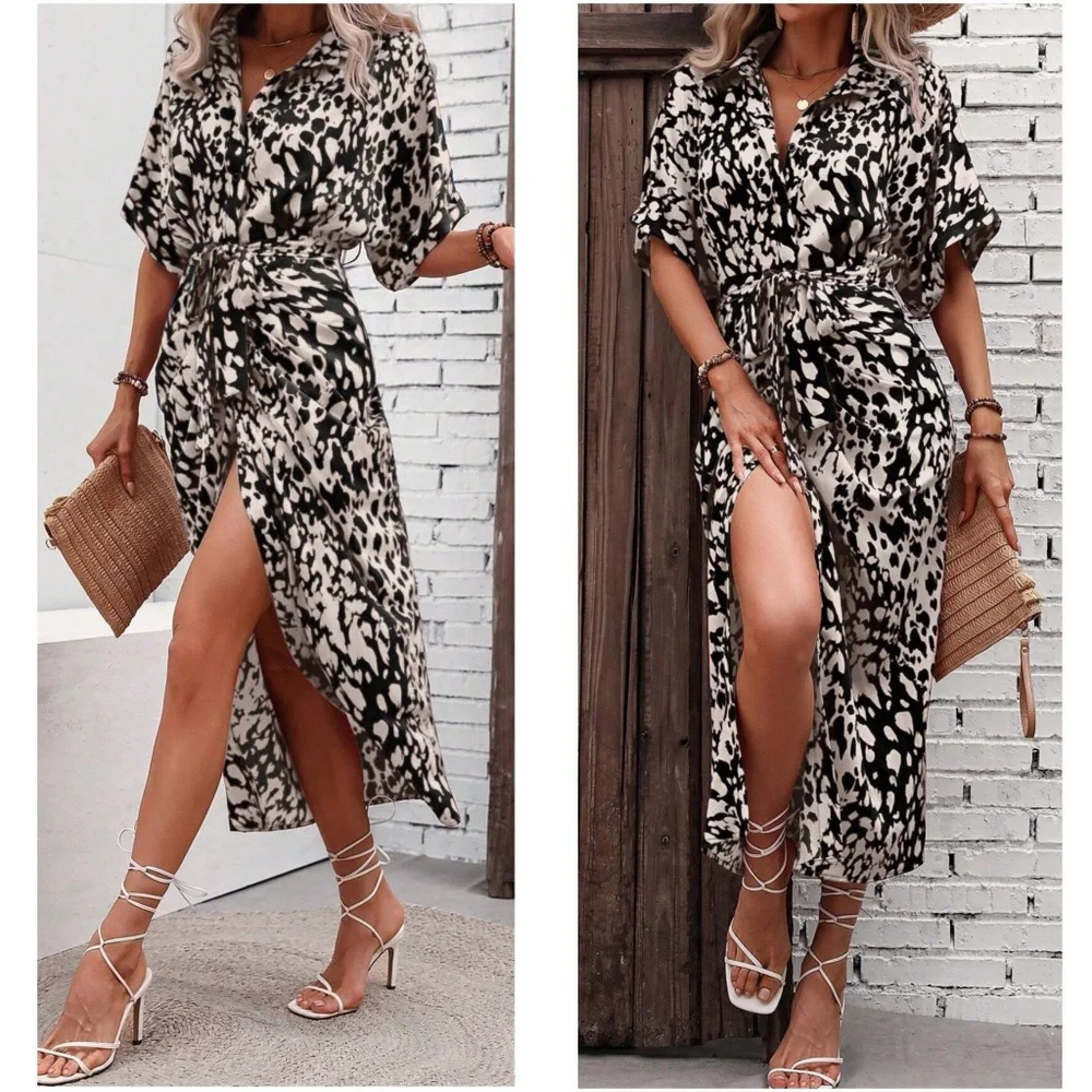 Leopard Print Button up Kimono Sleeve Shirt Dress - Picture 6 of 7